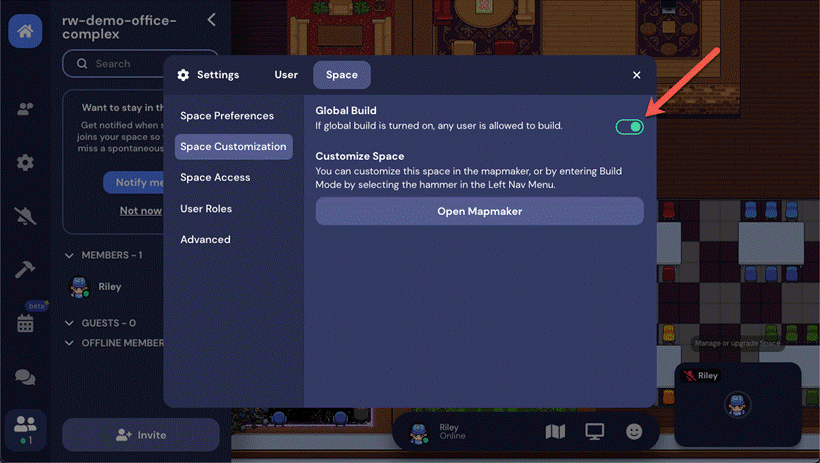 A view of the Space Settings window with the Space Customization option open. A red arrow points to the Global Build toggle, which is turned on. 