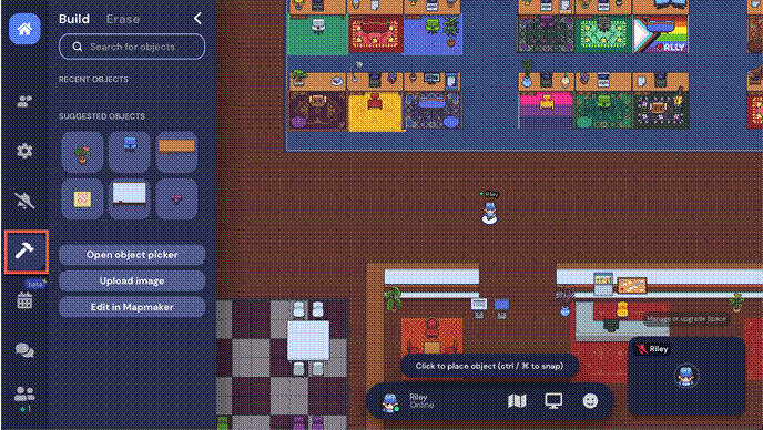 A view of the fancy office template. The Build panel is expanded. At the top of the Build panel is a search field, an empty section of Recent Objects, a plant, chair, desk, Draw Battle, whiteboard, and tetris object in Suggested Objects, and three buttons: Open object picker, Upload image, and Edit in Mapmaker. The Build hammer icon is outlined in red. 