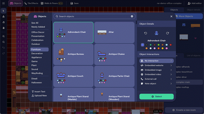 A view of the Object Picker open in the Mapmaker. The Furniture category is selected in the Left Nav Menu, and Adirondack Chair is selected. In the right panel, a blue Adirondack chair faces you. Available colors include black, green, purple, light green, brown, light blue, red, light brown, white, lavender, orange, yellow, and pink. In the Object interactions section, No interaction is selected.