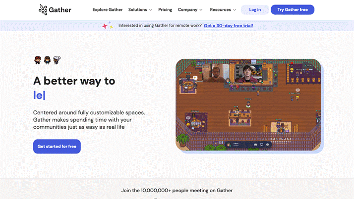 A screenshot of the Gather website home page, with the Sign up button outlined in red in the top right corner of the page. 