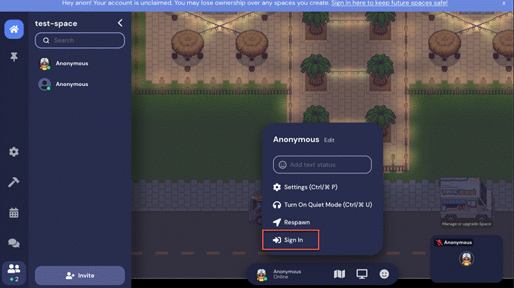 A screenshot of a Space with the tiki bar template.The Bottom Action Menu is open, and the bottom item in the menu displays Sign In, which is outlined in red. At the top of the menu, the name Riley shows, but no email address is listed beneath the name. 